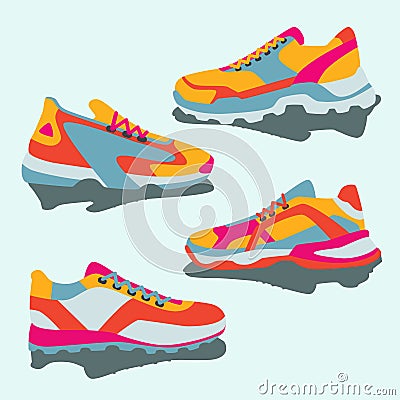 Set of colorful bright yellow pink blue orange sneakers. Vector flat illustration. Simple illustration of fitness and sport, gym s Vector Illustration